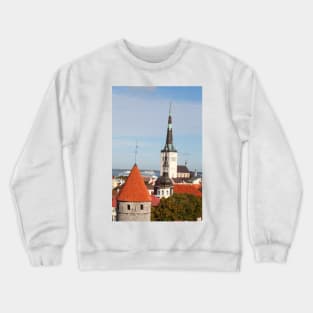 View from Toompea of the Lower Town, Old Town with Olai's Church or Oleviste Kirik, and a tower of the city wall, Tallinn, Estonia, Europe Crewneck Sweatshirt